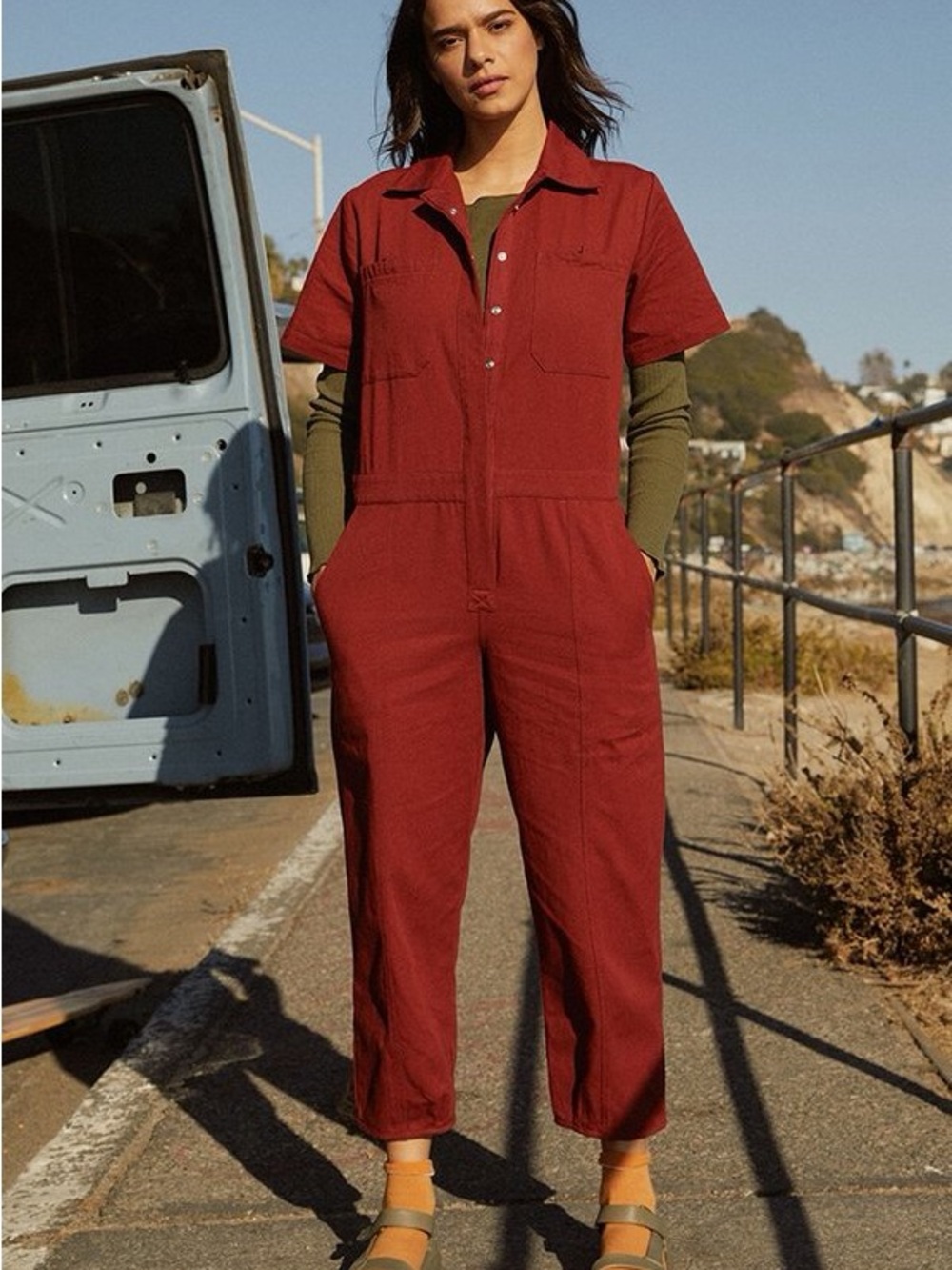 Back Beat Co. Short-Sleeve Utility Jumpsuit in Brick Red